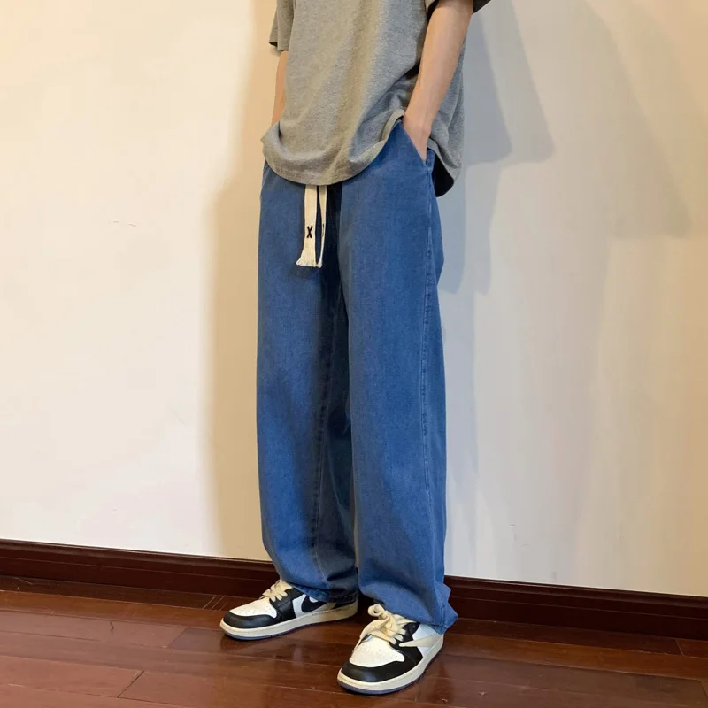 

2022 Summer Men's Thin Straight Wide Leg Mopping Casual Jeans Korean Fashion High Street Loose Washed Harem Pants