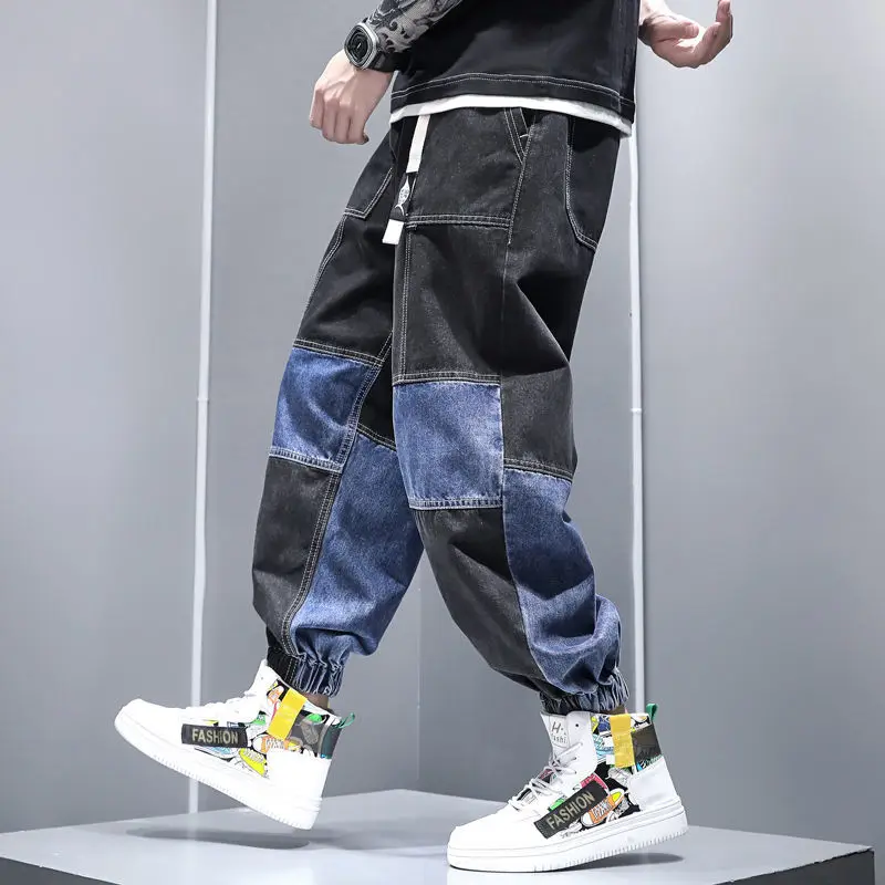 New Stitching Harem Jeans Men's Casual Fat Man Large Size Nine-point Pants Ins Tide Brand Leggings Men's