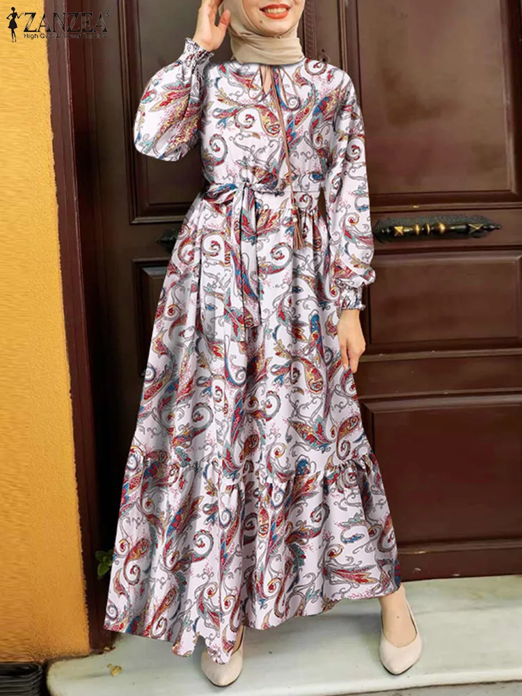 2023 ZANZEA Spring Muslim Dress Loose Women Printed Floral Sundress Casual Long Sleeve Abaya Hijab Maxi Vestidos Robe Oversized