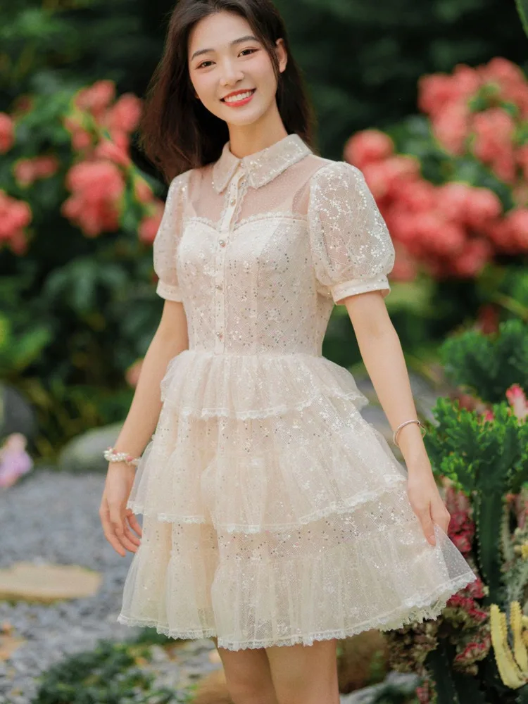 

French Sweet Mesh Dress Women Summer New Short Sleeve Lapel Sequined Lace Mini Vintage Dress 2022