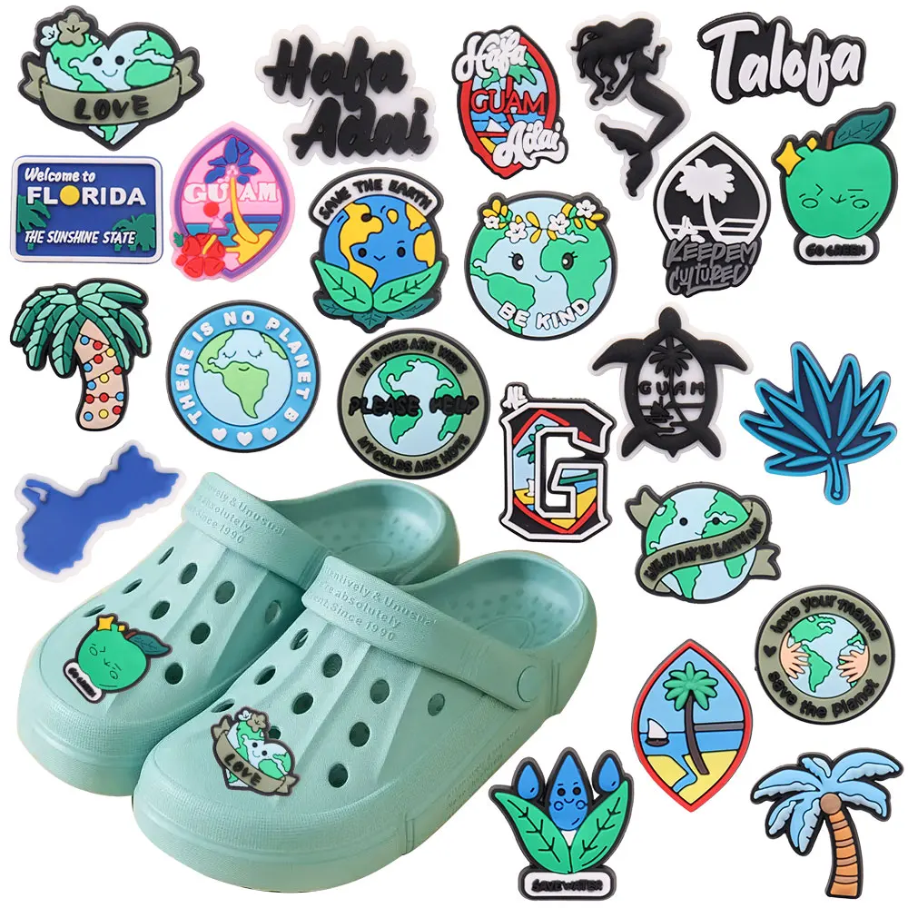 

1-23PCS PVC Croc Charms Save The Earth Water Be Kind Tree Love Leaves Turtle Jibz Buckle Hole Slipper Accessories Xmas Gifts