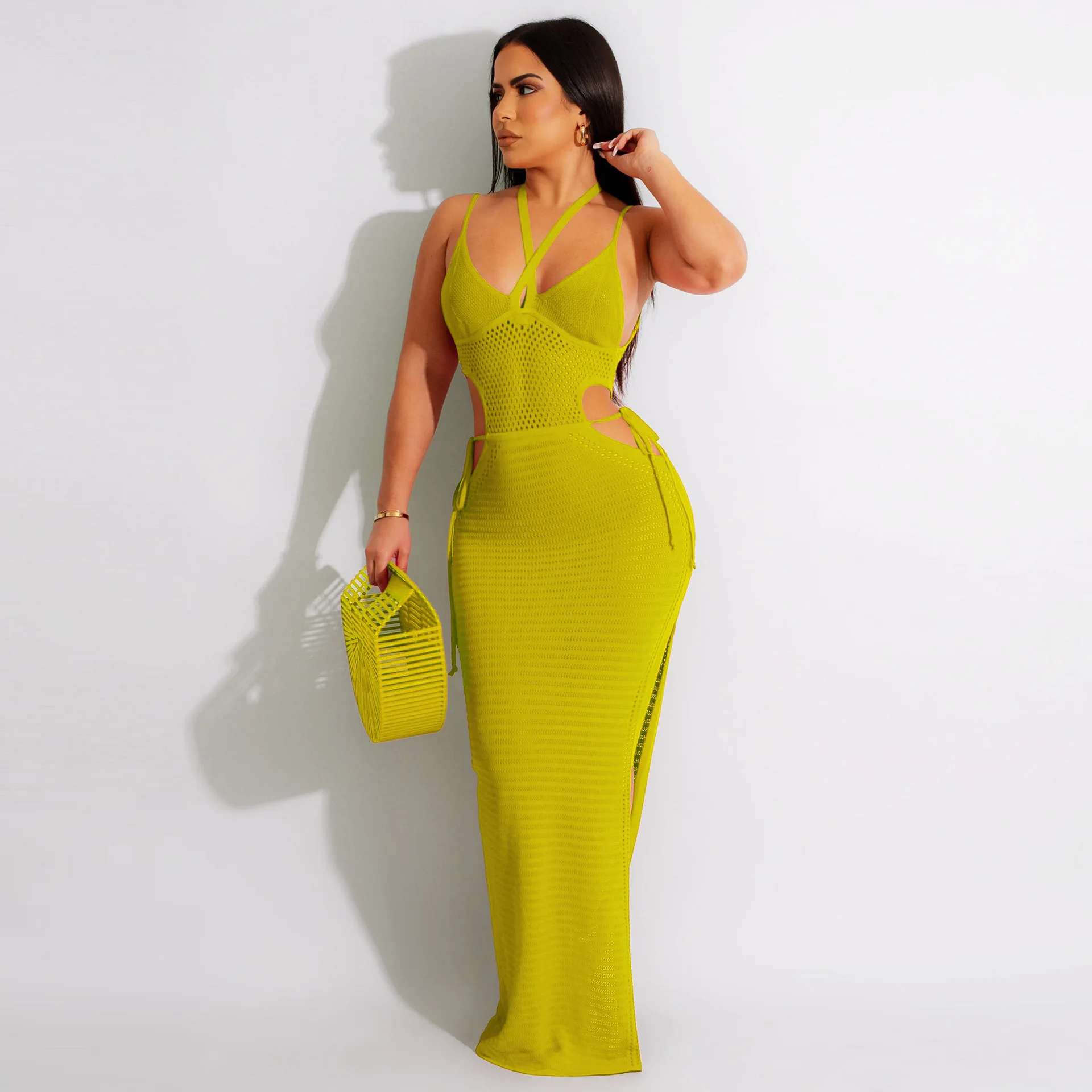 

Casual Women Knit Ribbed Dress Split Out Solid Color Sleeveless Slim Bodycon Long Dress Streetwear Dress Clothes For Women