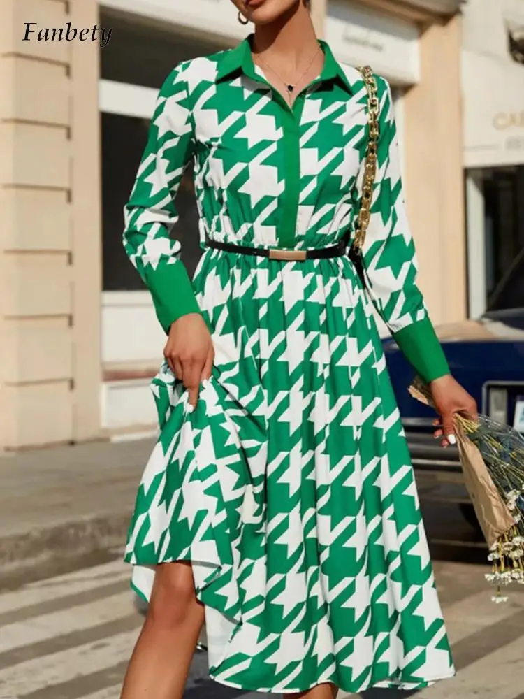 

2022 Spring Women Elegant Houndstooth Printed Party Dress Long Sleeve Turn-down Collar Buttoned Midi Dress Femme Fashion Dress