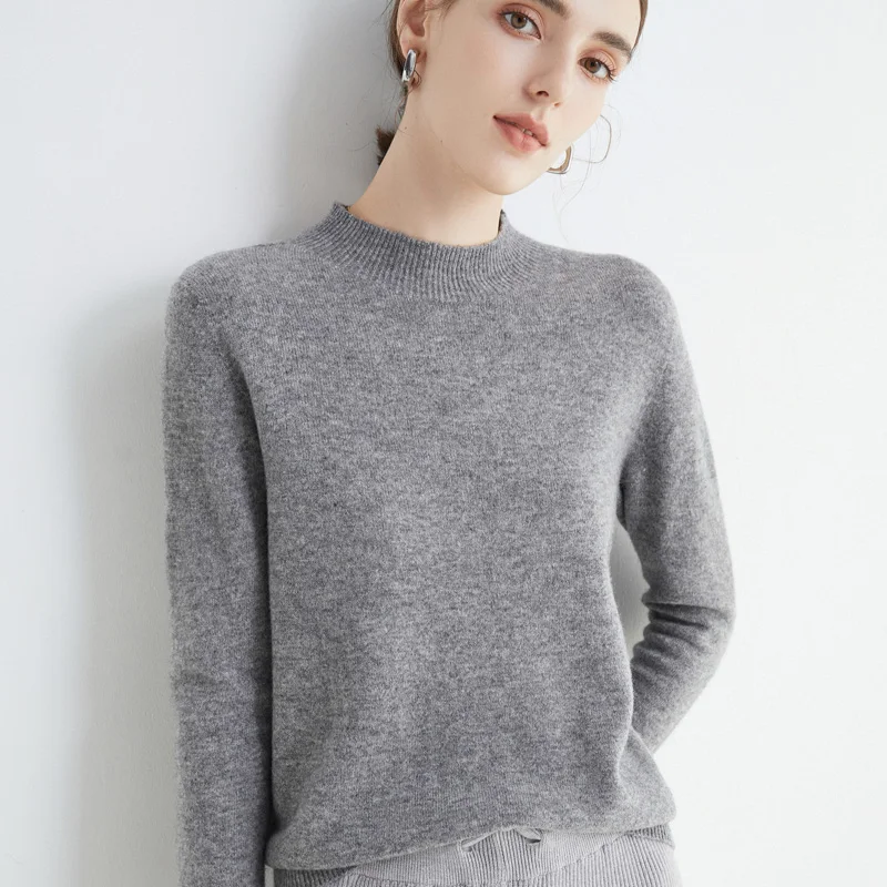 Half Turtleneck Women's Pullover 100% Wool Sweater Fashion Cropped Loose Long Sleeve Cashmere Knit New 22 Seamless |