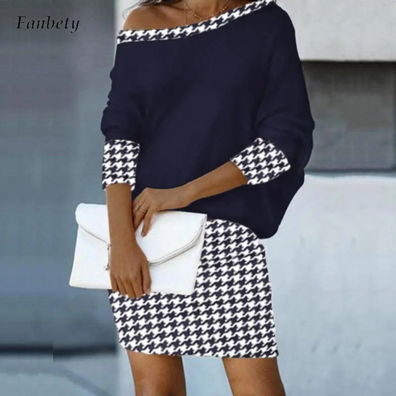 

Fall Women Sexy Diagonal Collar A-Line Dress Retro Houndstooth Patchwork Loose Mini Dress Spring Casual Long Sleeve Party Dress