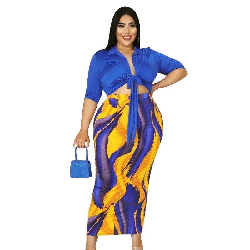 Plus Size Women Sets Bandage Blouse Shirts And Print Dresses 2022 Summer Two Piece Set Fashion Female Bodycon Wholesale Clothes