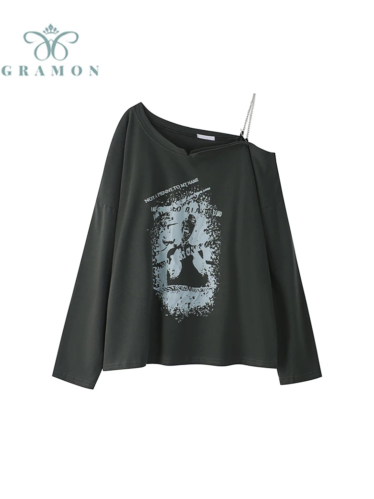

Women 2022 Autumn New Long Sleeve T-shirt O-neck Graffiti Printing American Style Vintage Fashion Casual Korean Pullover Tee Top