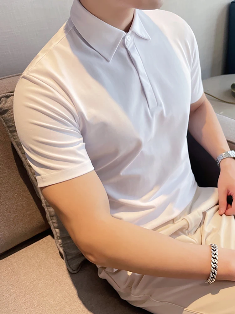 

Рубашка-поло мужская с коротким рукавом, однотонная эластичная хлопковая приталенная, универсальная повседневная одежда, 6 цветов, лето