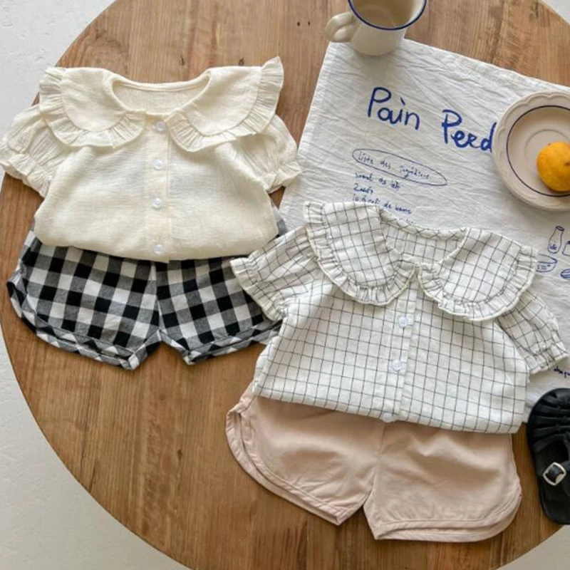 Toddler Baby Girl Clothes Set Short Sleeve Cotton Lattice Shirt+Shorts Korean Style Infant Baby Girls Clothing Suit For Summer