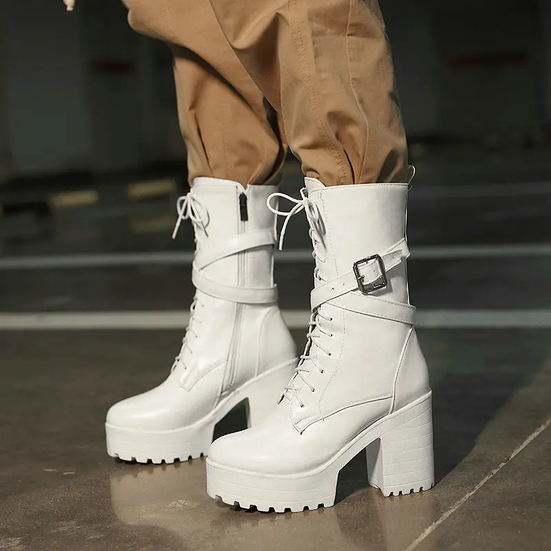 

New Women Mid-calf Boots Round Toe Thick High Heel Platform Shoes Soft Leather Punk Female Motorcycle Boots Plus Size 34-43