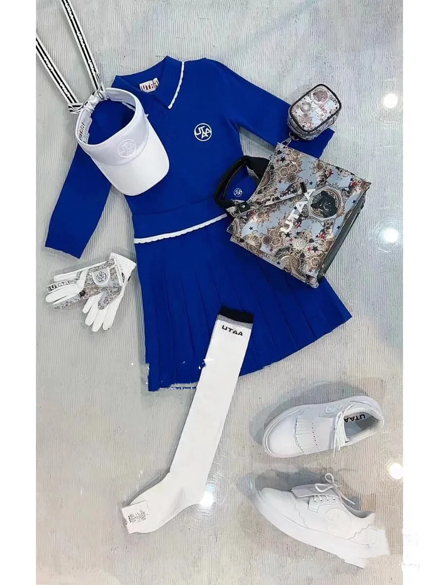 New Fall/winter 2022 Golf Clothing Knit Shirts Women's Short Sleeve Pleated Skirt Sets Slim Fit Golf Top and Waist Stretch Skirt