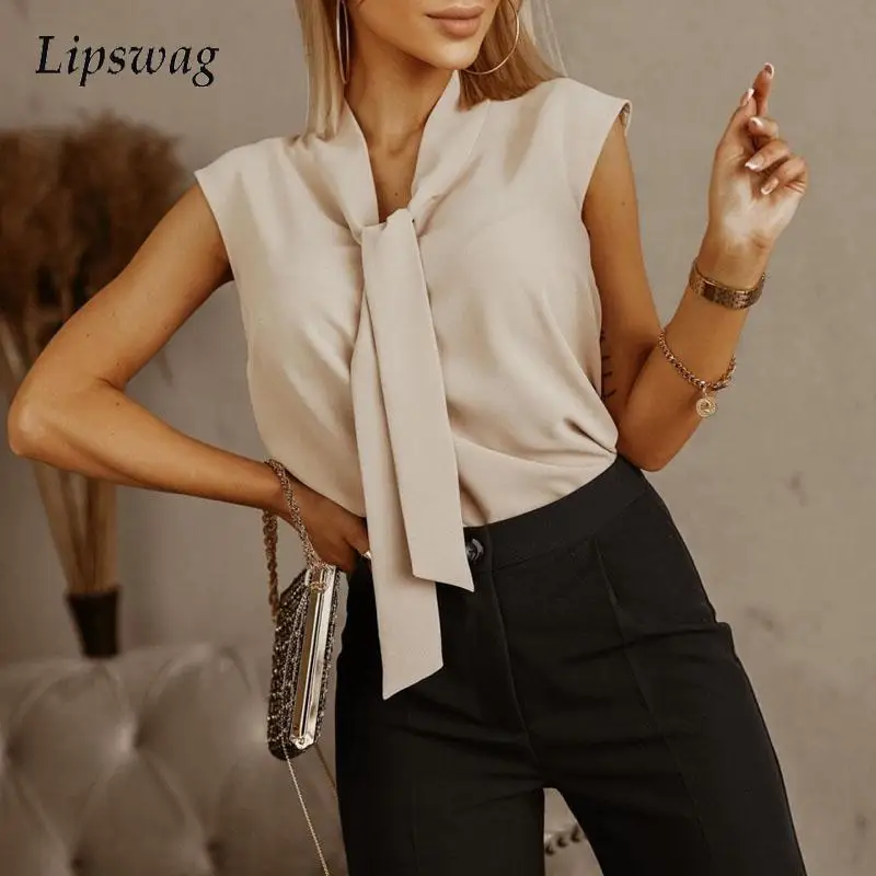 

Шикарные элегантные топы с воротником-шарфом для женщин, новинка весны-лета, модная однотонная блузка без рукавов, рубашки, офисные женские ...