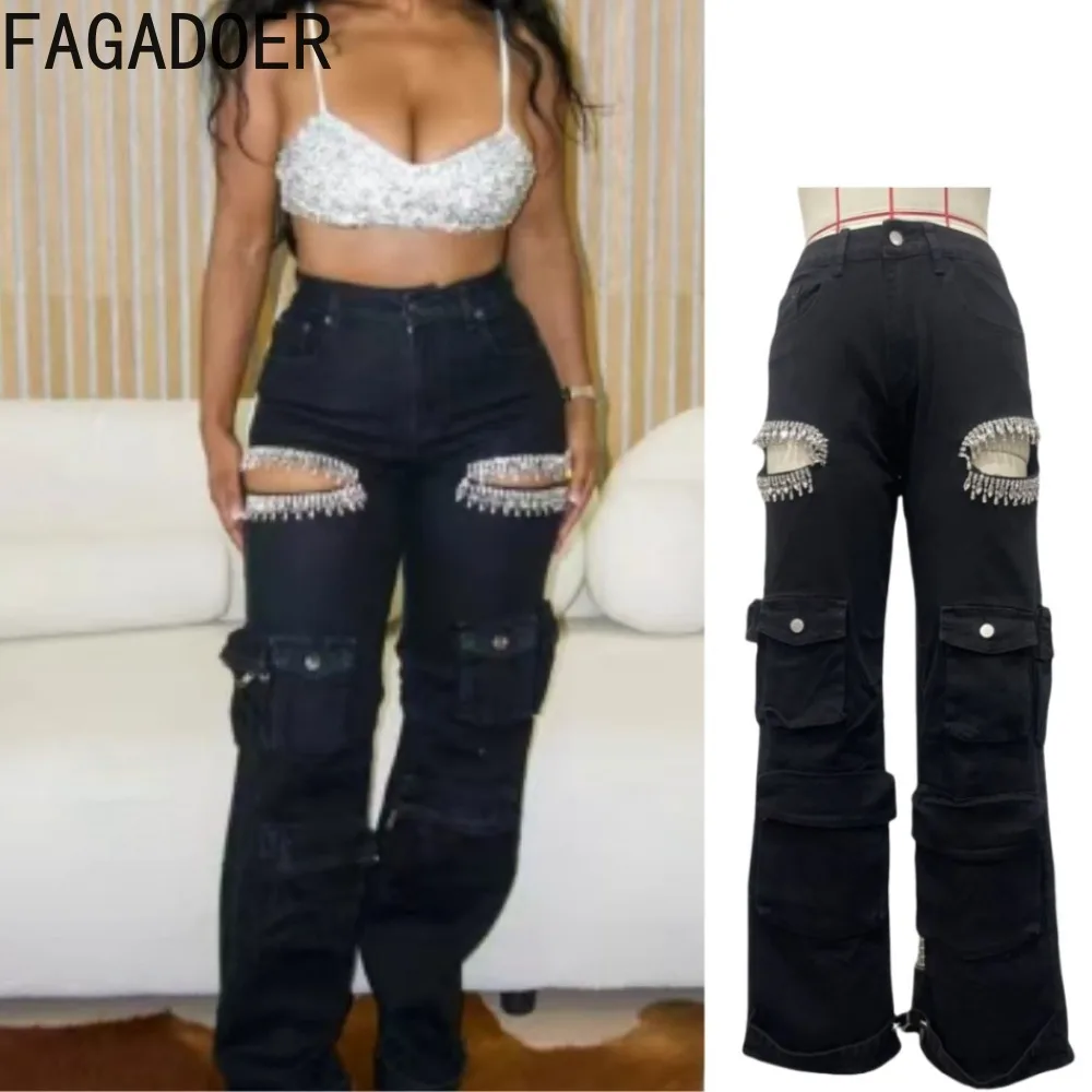 FAGADOER Ретро ажурные джинсовые брюки женские лоскутные джинсы-карго со стразами и