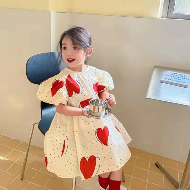 

Children's Clothes 2022 Summer New Korean Style Baby Girls Full Print Big Love Princess Puff Sleeve Dress holiday dress kids