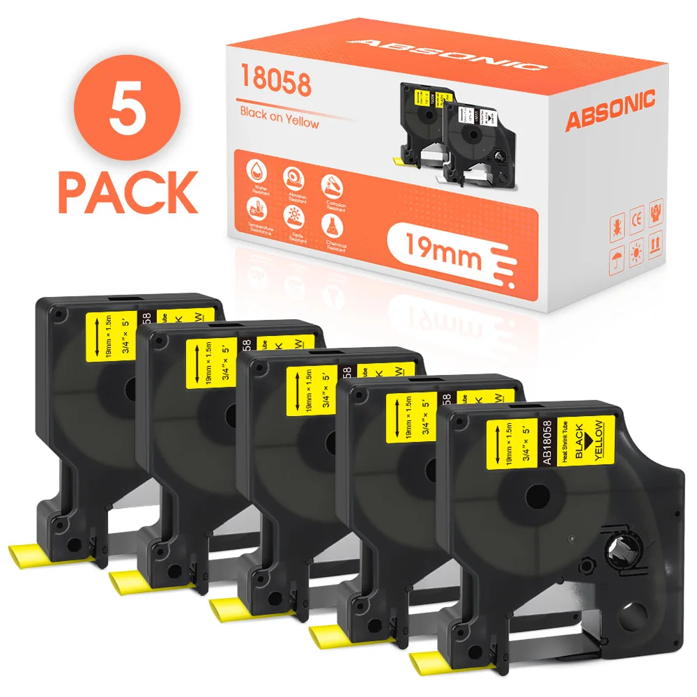 

5PK 18058 19 мм для термоусадочной трубки DYMO Rhino, ленты для этикеток, 18058, черные на желтые, совместимые с производителем Rhino 5200 6000 4200