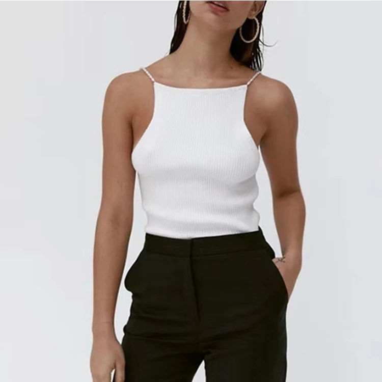 

Женская трикотажная кофта с лямкой на шее и бусинами, сексуальная элегантная женская трикотажная кофта без рукавов