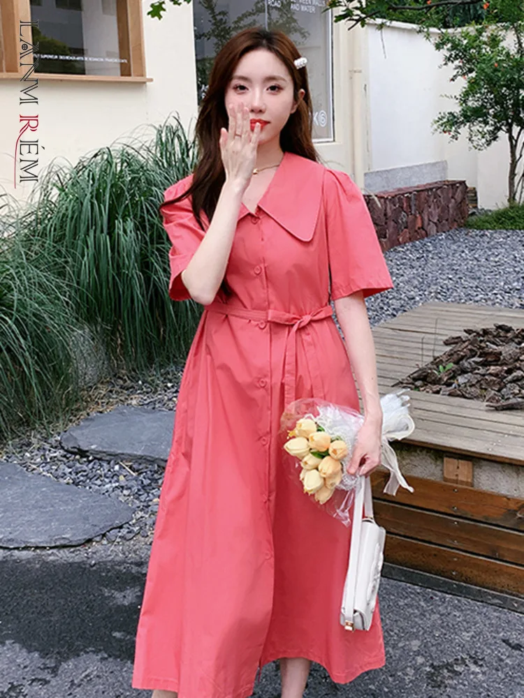 

Женское однобортное платье LANMREM, Повседневное платье трапециевидной формы с отложным воротником и короткими рукавами, однотонная одежда 2023 2YA3267