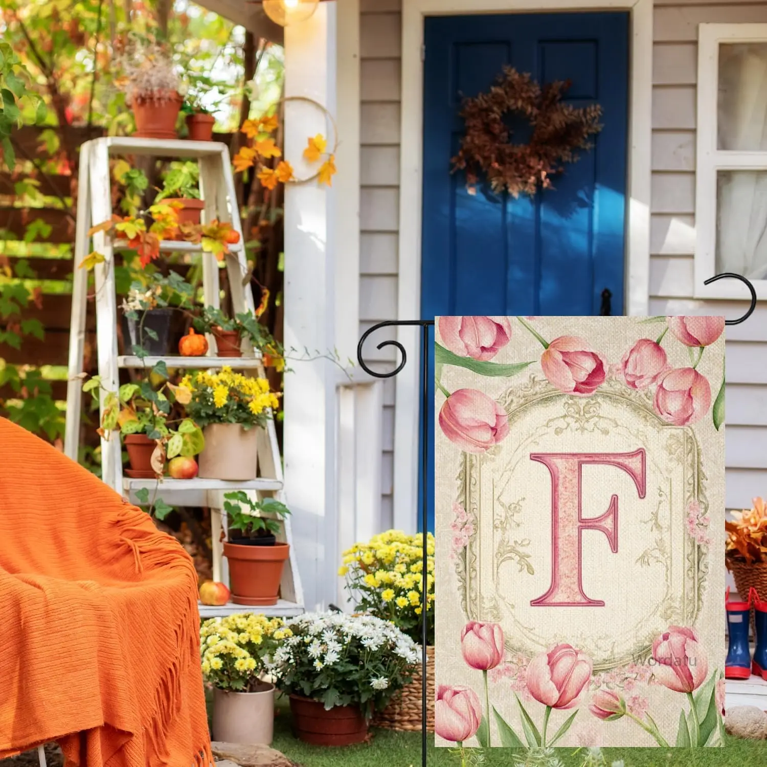 Фото Флаг для сада Wordatu Welcome Monogram F с цветочным узором и инициалами, уличный флаг для сада на весну-лето, 12x18 дюймов, двусторонний, Family GGO №2