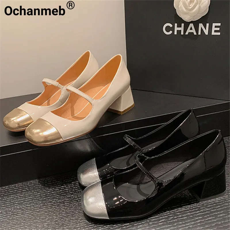 

Женские туфли-лодочки из лакированной овечьей кожи, на среднем толстом каблуке, 33-41