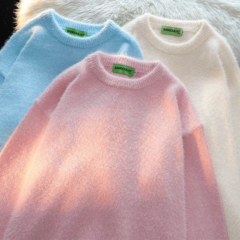 Japan fashion Simple Basic Model Solid Round neck sweater Women 2024 Winter Loose All-Match Couple look Knit Top