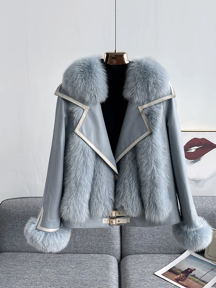 Whole Leather Fox Fur Fur Coat Women's Short Haining New Motorcycle Sheepskin down Jacket Coat