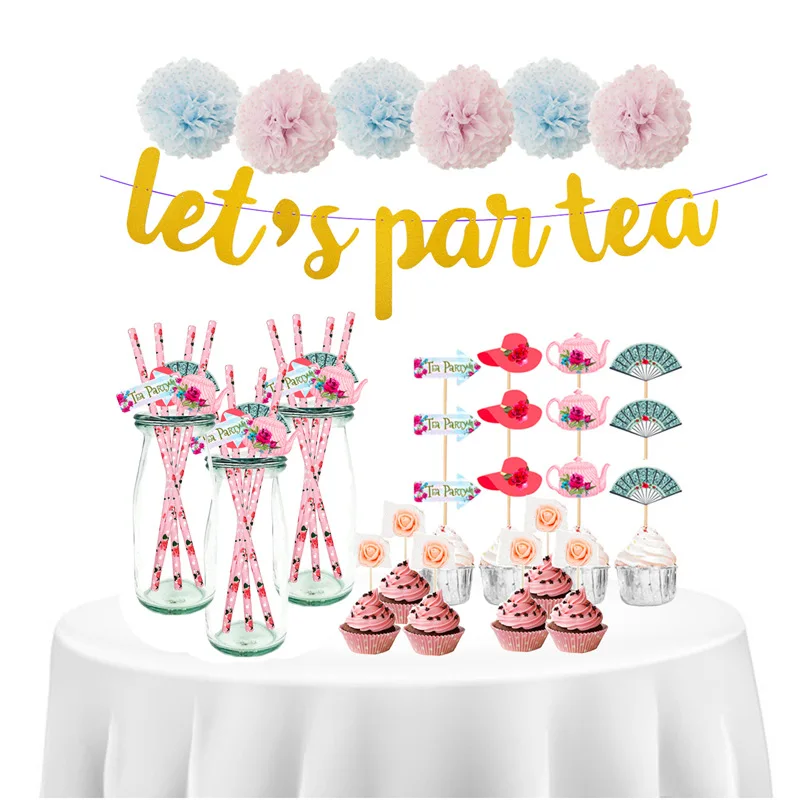

LET'S PAR TEA Theme Lets Par Tea Party Decor Kit Bunting Banner Garland Cake Topper Straw Baby Shower First Birthday Decoration