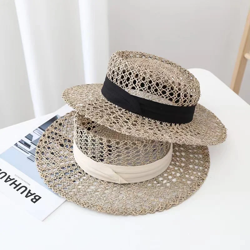 

2022 Summer Hollow Handmade Weave Straw Hat for Women Wide Brim Breathable Sun Protection Sun Hats Holiday Travel Beach Hat