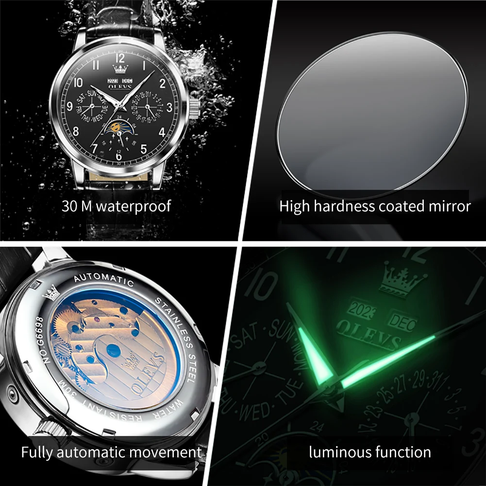 Мужские Водонепроницаемые механические часы с календарем и кожаным ремешком