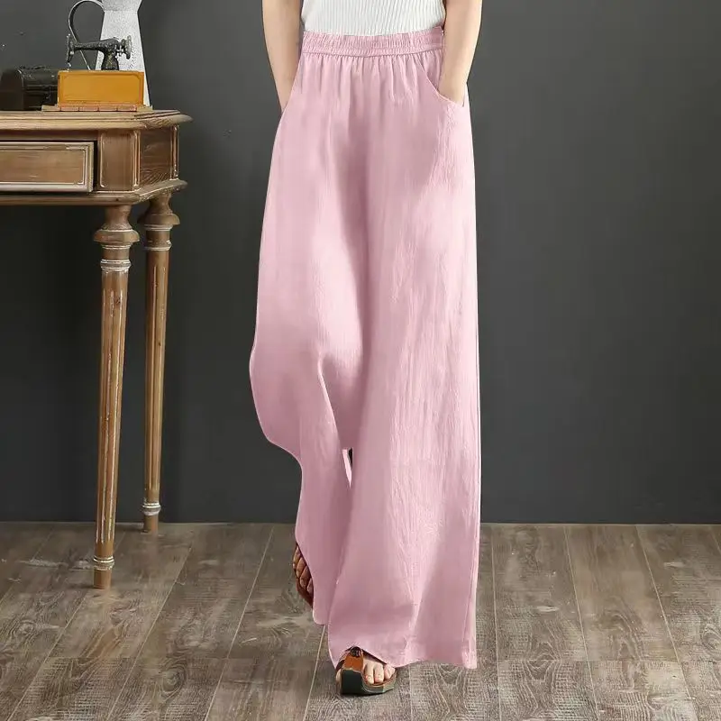 2022 Cotton Linen Style Bloomers Wide Leg Pants Women Vintage Full Length Elegent Pants Solid Elasitic Waist Spring Autumn 5XL