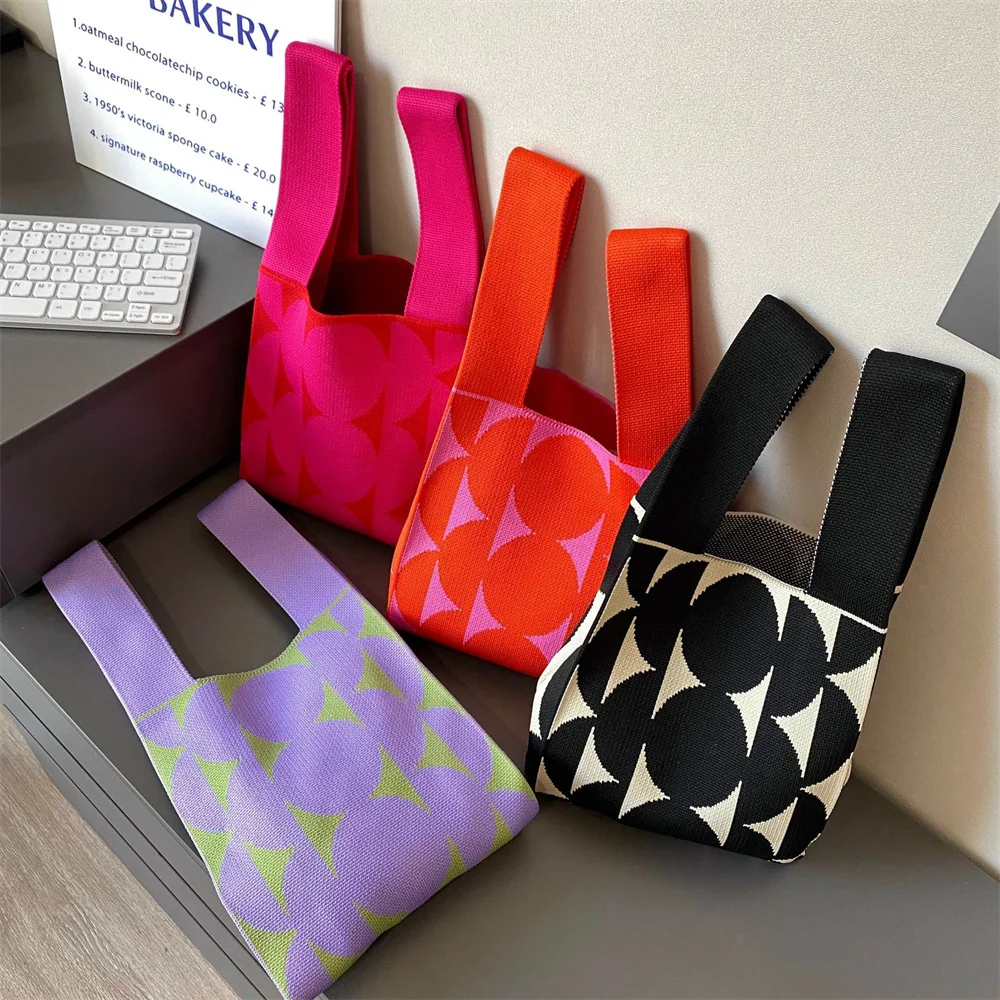 

Lady Woolen Knitting Handbag Large Capacity Contrast Tote Bag Top-handle Bag Female Daily Handbag Leisure Circle Handbag