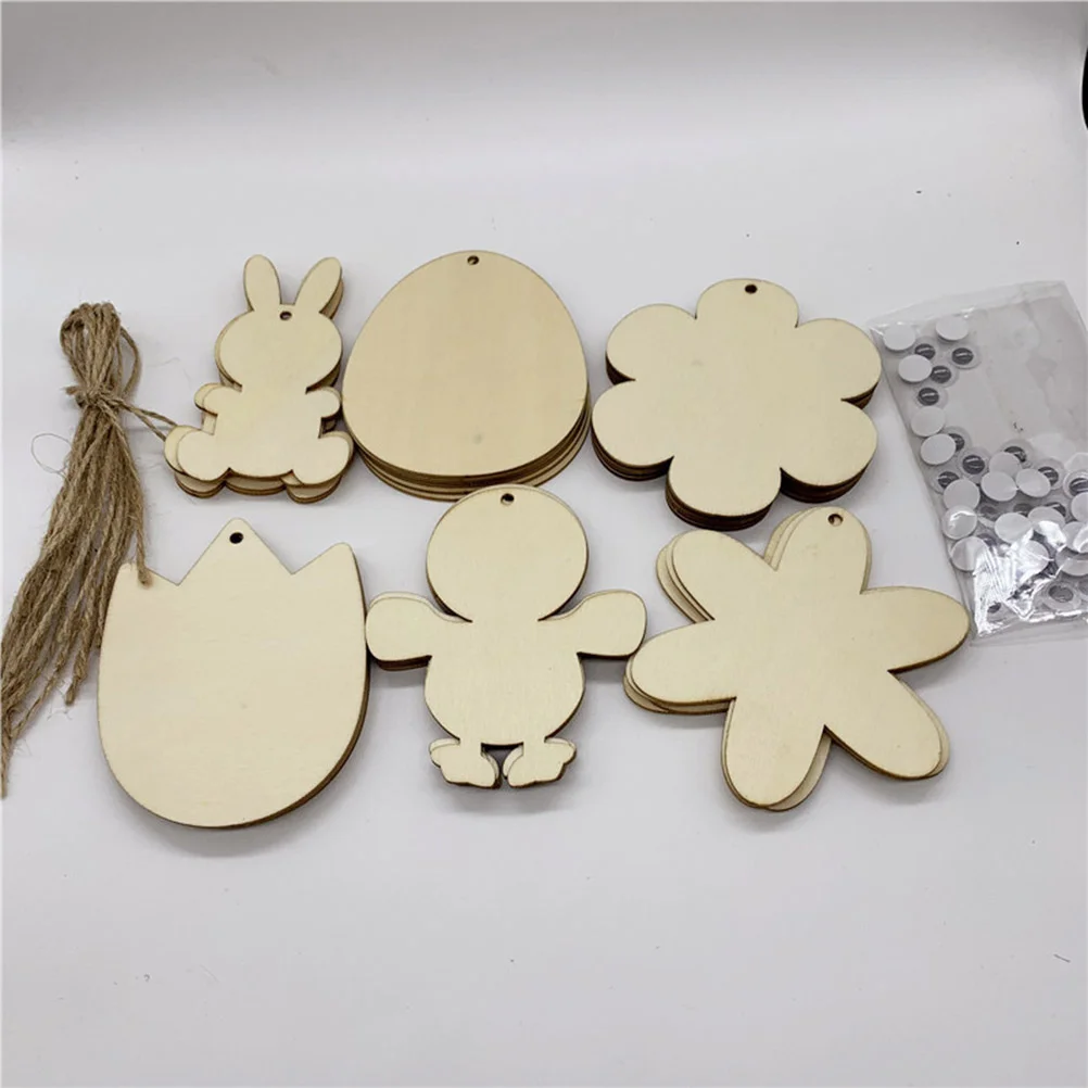 

36pcs Easter Wooden Chips Slices Pendants DIY Hanging Chips Hand Painting Chips Shape Design for Decor (with Hanging Rope and
