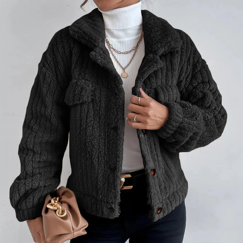 

Female Plush Jacket Winter Cardigan Lapel Shirt Plus Velvet Comfortable Casual Thick Plush Long Sleeve Jacket Autumn