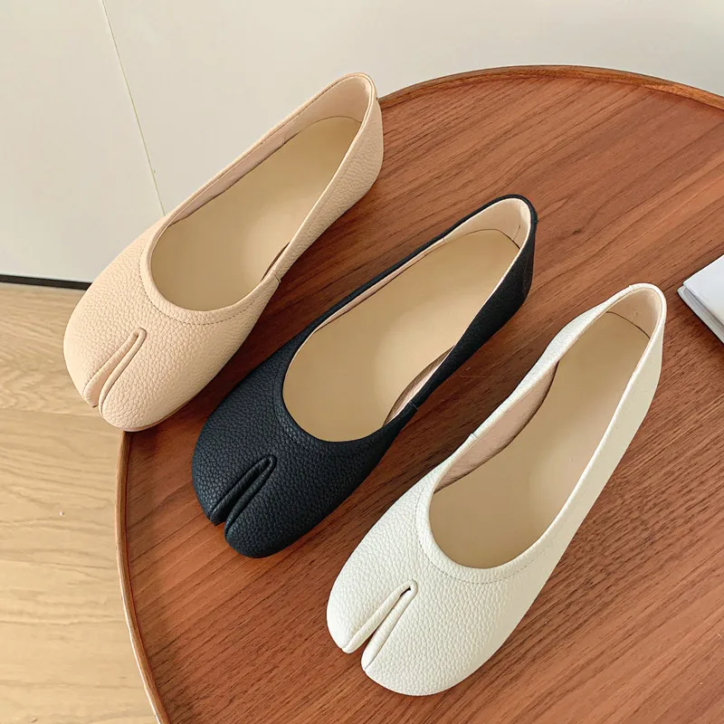 Genuine Leather Flats Women Split Toe Round Shoes 2022 Autumn New Apricot Beige Black Comfortable Soft Slip On Sapatos Femininno