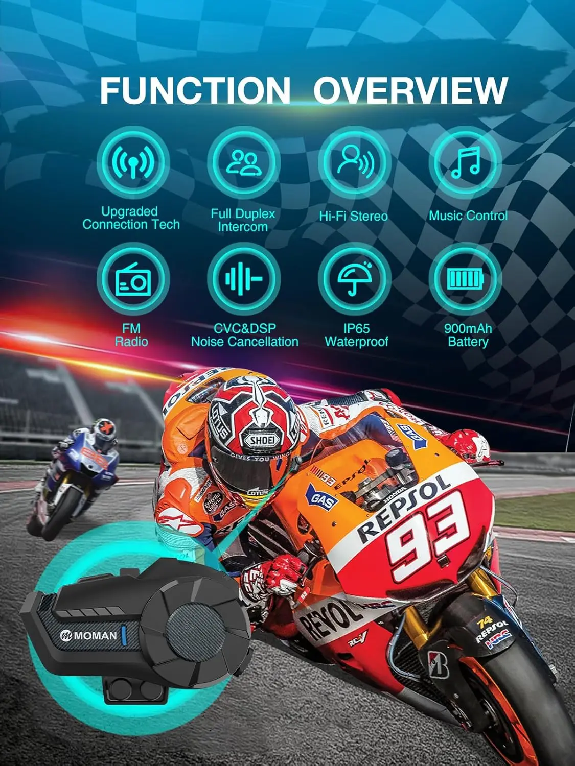 Фото Система связи Moman Motorcycle Intercom H2Pro для мотоциклетного шлема до 1000M с шумоподавлением DSP и CVC FM Music Share №2