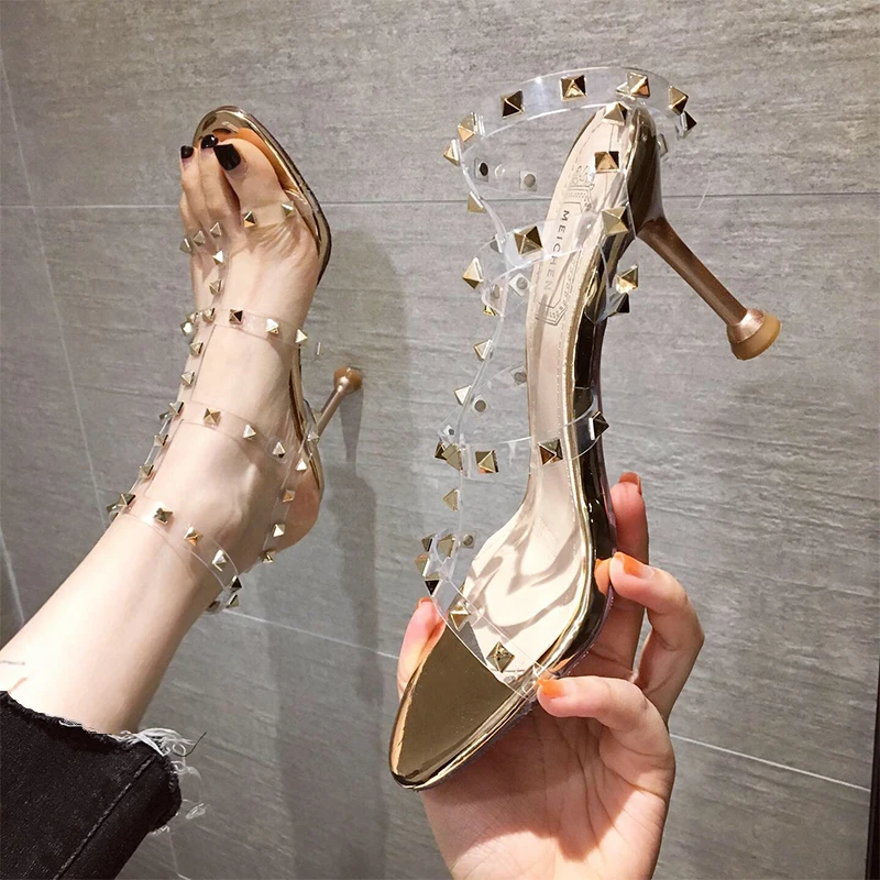 2022 Summer New Style Sexy Fashion Sandals with Rivets Crystal Stiletto Transparent High Heels