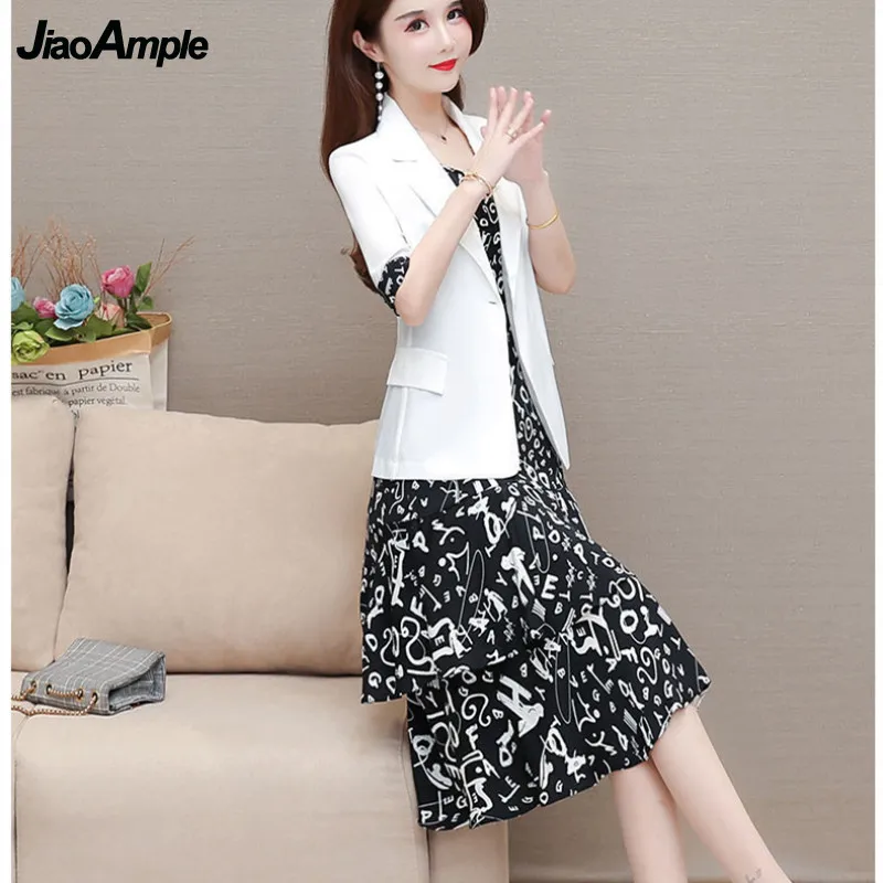 

2022 Summer New Short-sleeved Blazer + Casual Floral Chiffon Dress Two-piece Korean Elegant Women's Slim Suit Midi Dresses Set