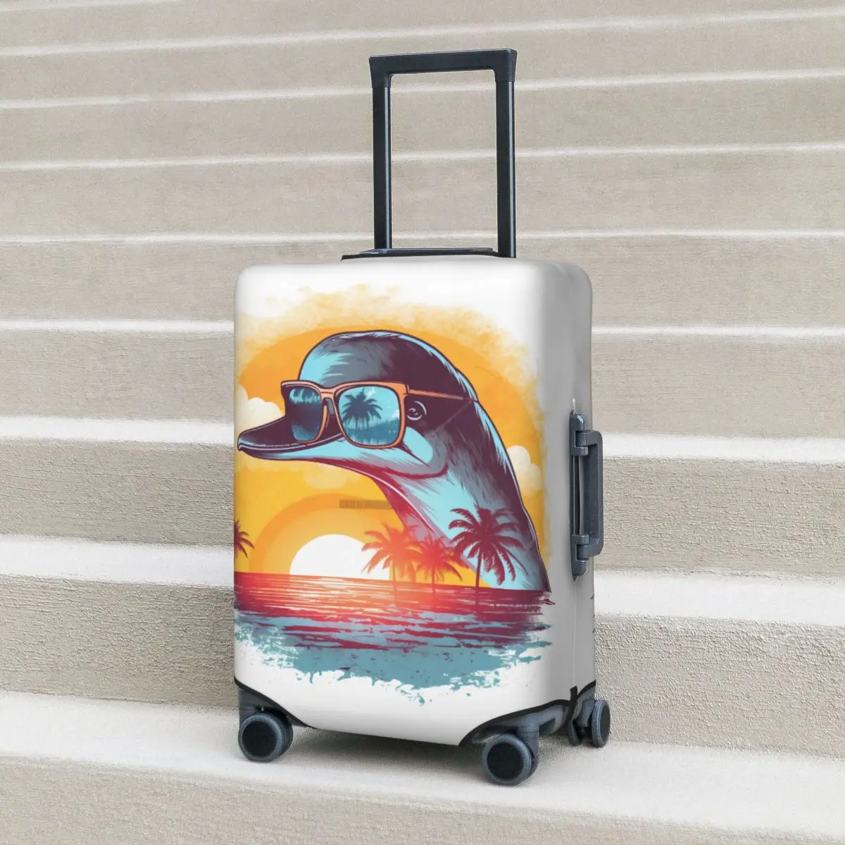 

Dolphin Suitcase Cover Retro Sunset Animals With Sunglasses Strectch Cruise Trip Protector Luggage Accesories Flight