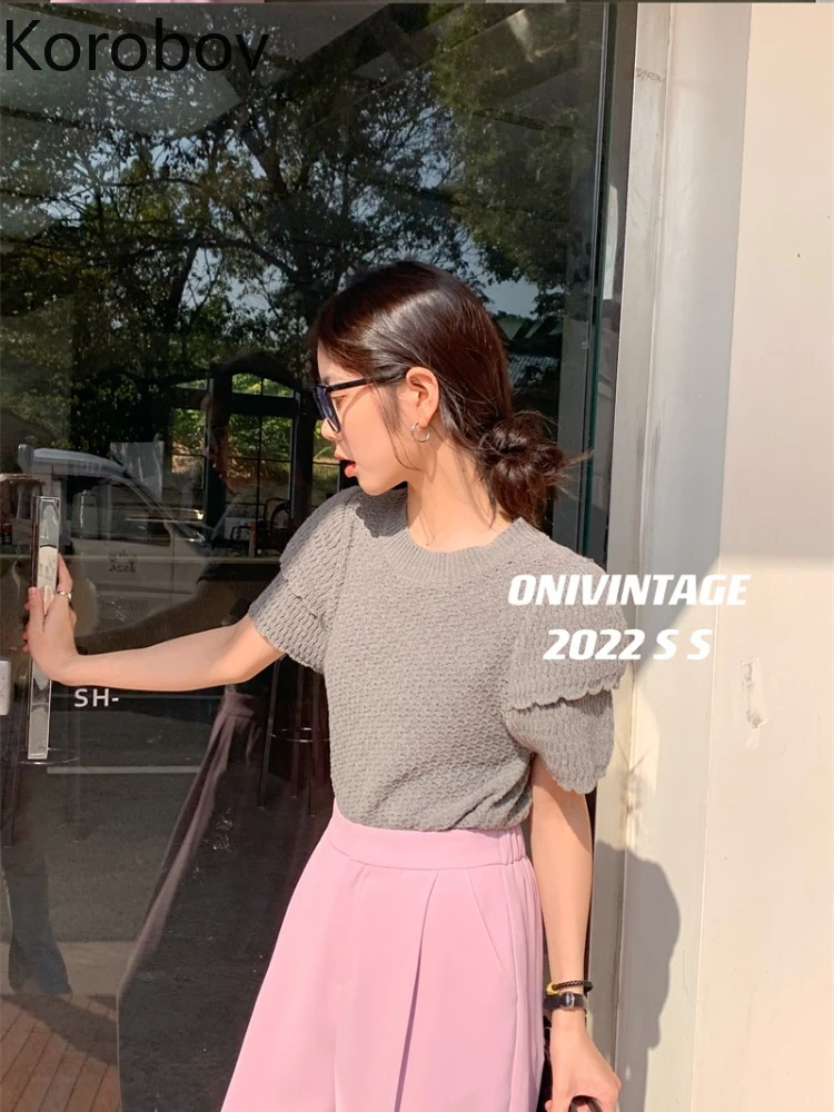 

Korobov solid color simple sweater spring new puff sleeves gentle crew neck commute