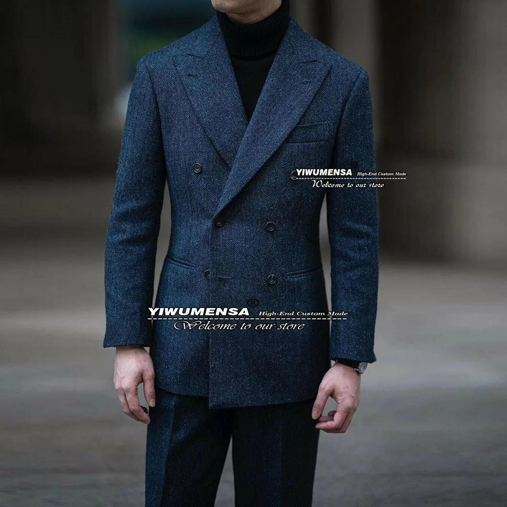 

Navy Herringbone Suits Mens Formal Wedding Party Business Blazer Custom Made Double Breasted Jacket With Pants 2 Pieces Tuxedos