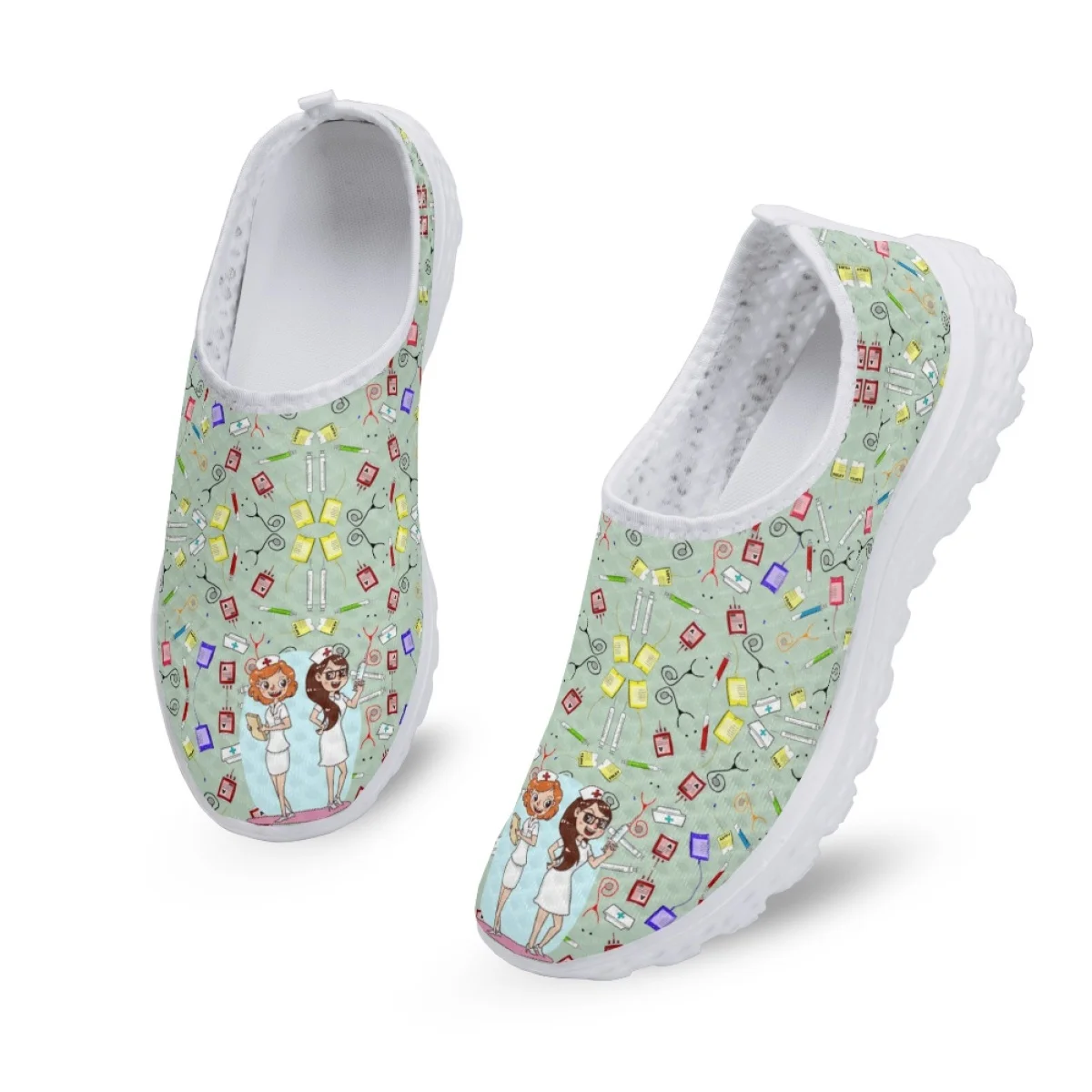

New Nurse Doctor Chemical Printing Women's Loafers Non-slip Mesh Lightweight Summer Flat Shoes Breathable Walking Shoes Footwear