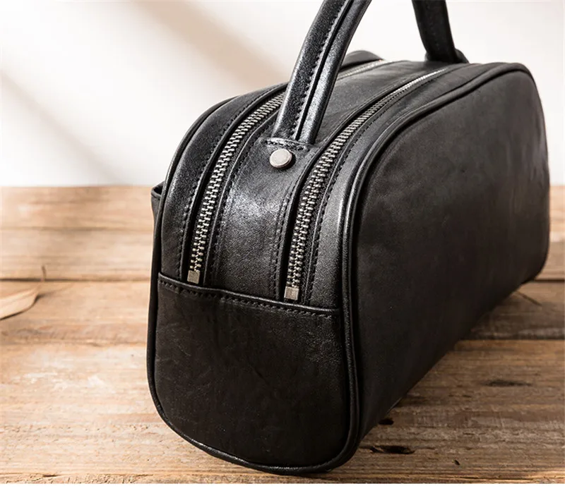 Simple casual high-quality natural genuine leather men's storage toiletry bag retro designer black real cowhide business handbag