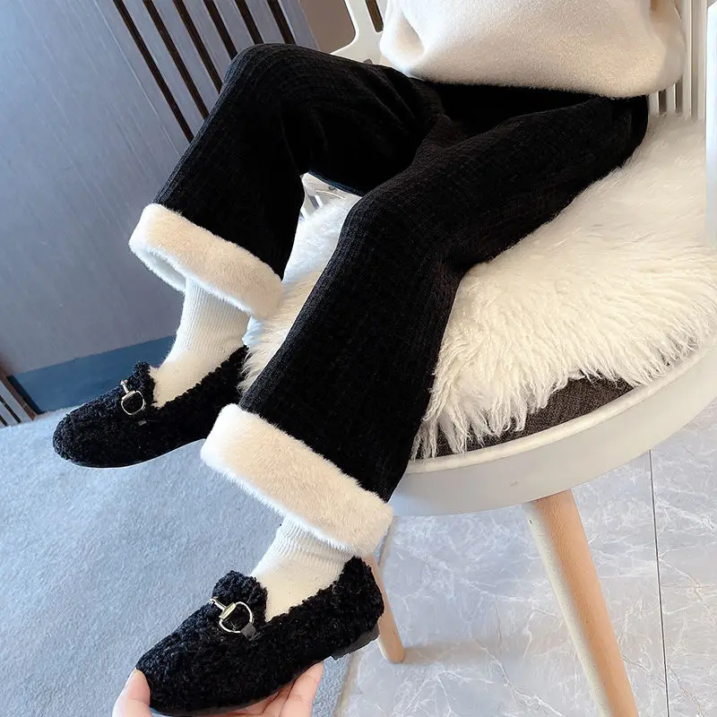 

Fashion Winter Keep Warm Children Cotton Padded Plush Pants Thicken Plus Velvet Childrens Wear Clothes Girls Boot Cut trousers