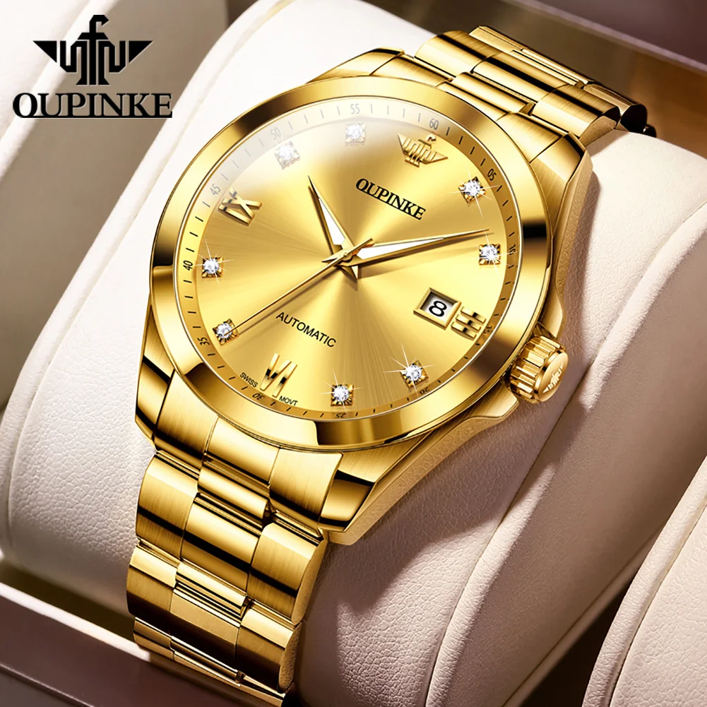 

Luxury Men's Mechanical Watches Swiss Mechanical Movement Real Diamond OUPINKE Business 50M Waterproof Stainless Steel Man Watch