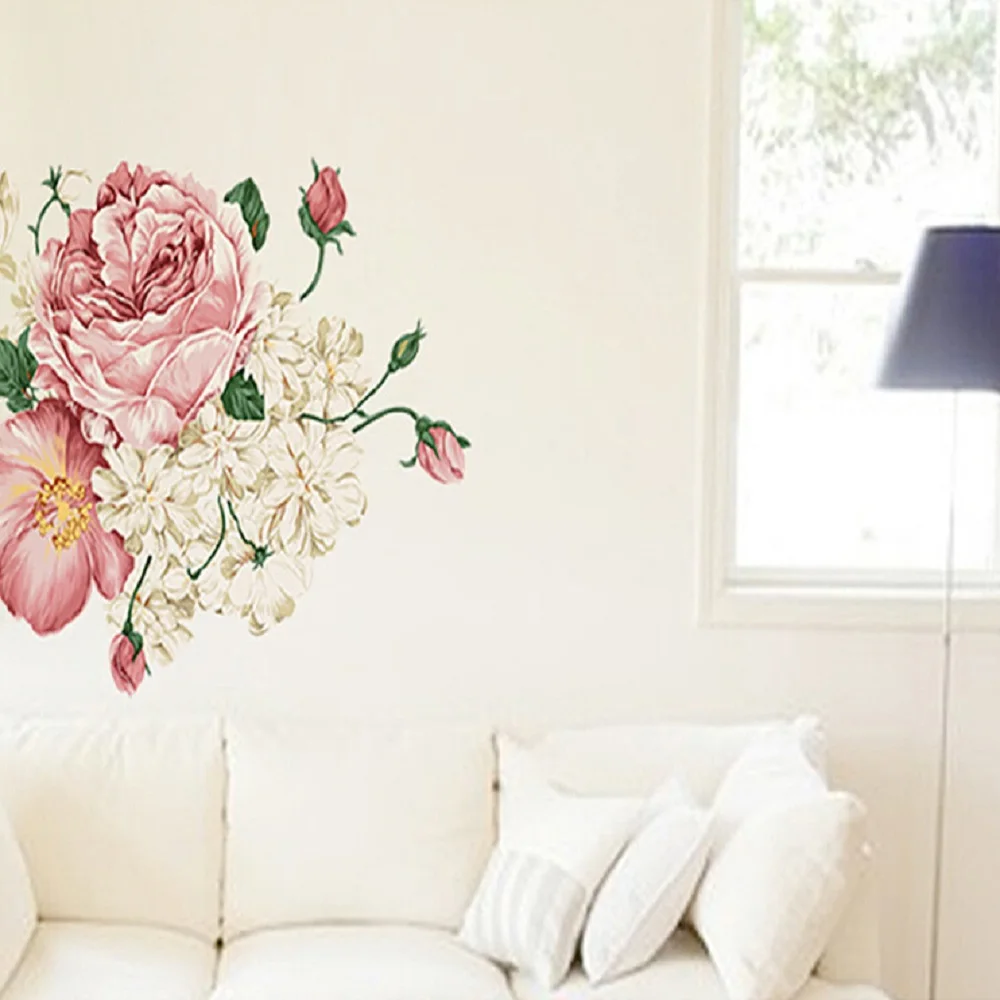 

1PC 60*90cm Pink Peony Large Vinyl Wall Art Decals Bedroom&Living Room Decorative Wall Stickers On the Walls Bathroom Decor