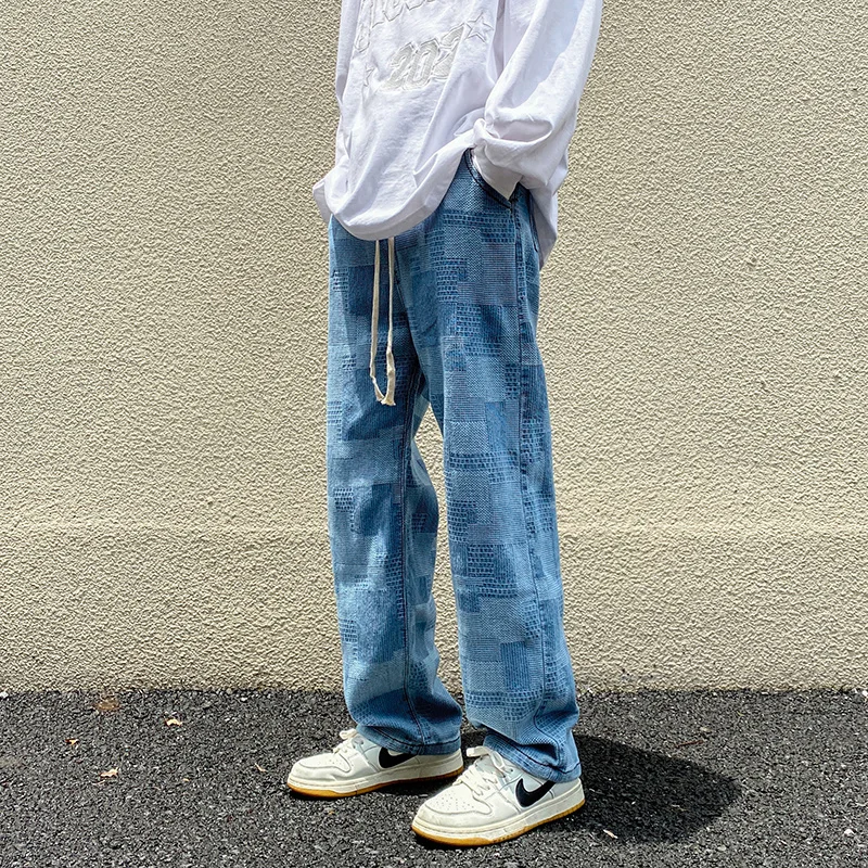 Blue Black Baggy Jeans Men Fashion Retro Plaid Jeans Mens Japanese Streetwear Fashion Hip Hop Loose Straight Denim Trousers Men