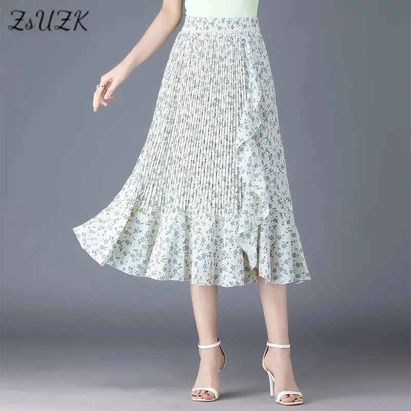

ZUZK Women Floral Pleated Trumpet Skirts New Summer Elastic Waist Korean Fashion Skirt A-Line Skirt Jupe Longue Falda 7Colors