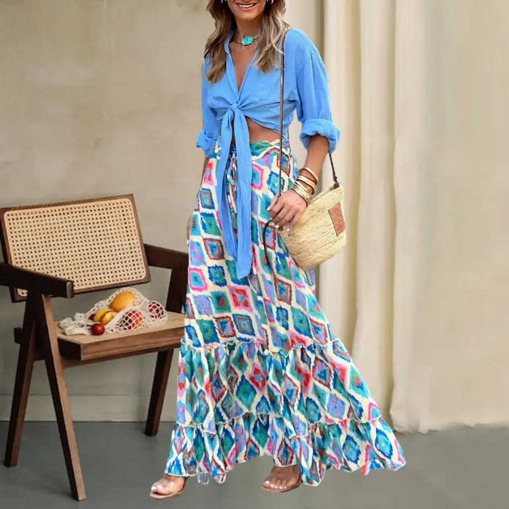 

Ladies Skirt Bohemian Maxi Skirts Colorful Rhombus Print High Waist Big Hem with Ruffle Drawstring for Beach Summer Fashion Big