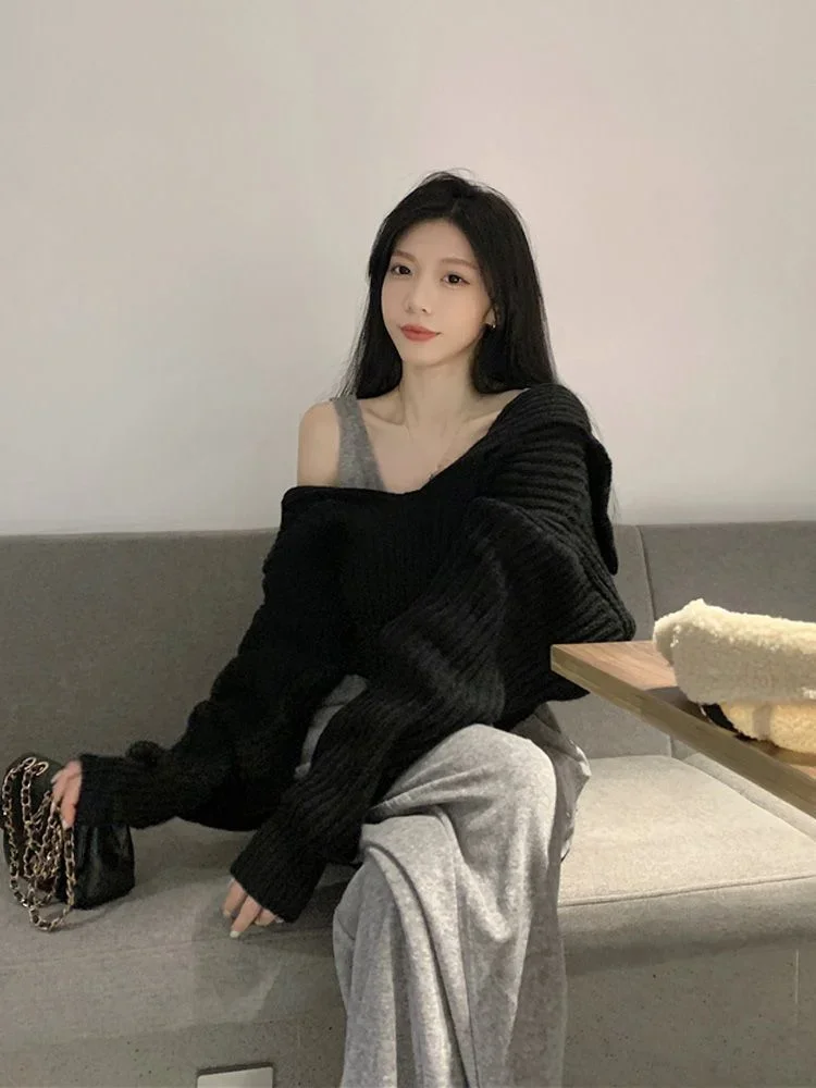 Женский свитер с открытыми плечами Y2k свободный уличный пуловер длинным рукавом