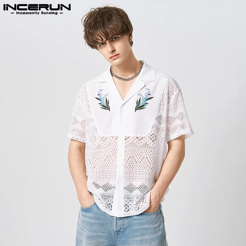 

American Style Handsome Mens Lace Patchwork Shirts Casual Streetwear Male Flower Pattern Printed Blouse S-5XL INCERUN Tops 2023