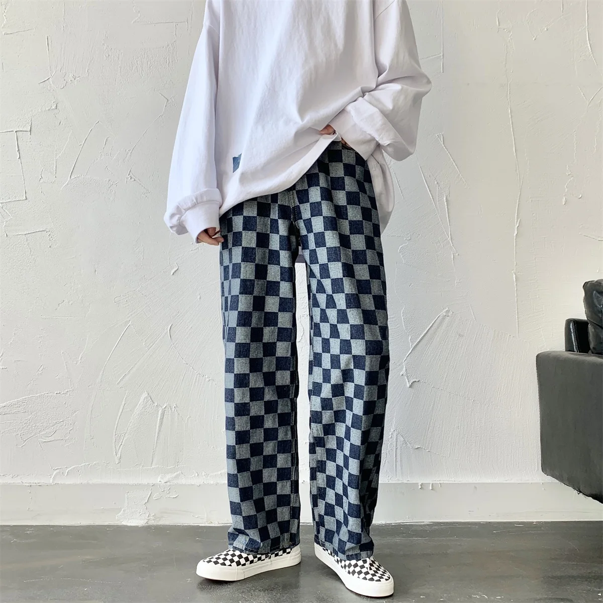 Checkerboard Print Jeans for Men 2021 Fashion Trends Straight Clothes Teen Casual  Baggy Denim Pant Boyfriend Hip Hop Streetwear